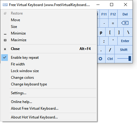 virtual keyboard with context menu